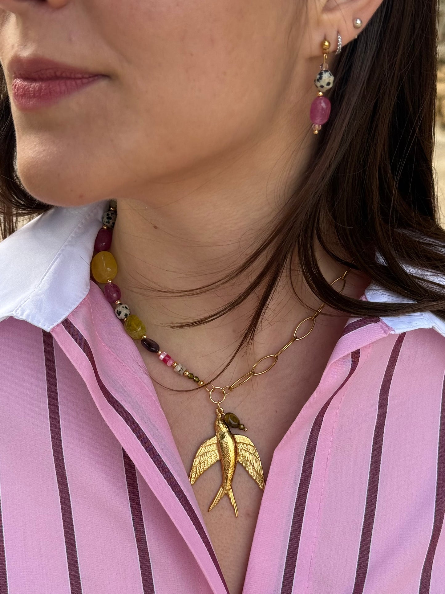 Collar Alas de Colibrí- Amatista, Ojo de tigre, Jaspe Dálmata