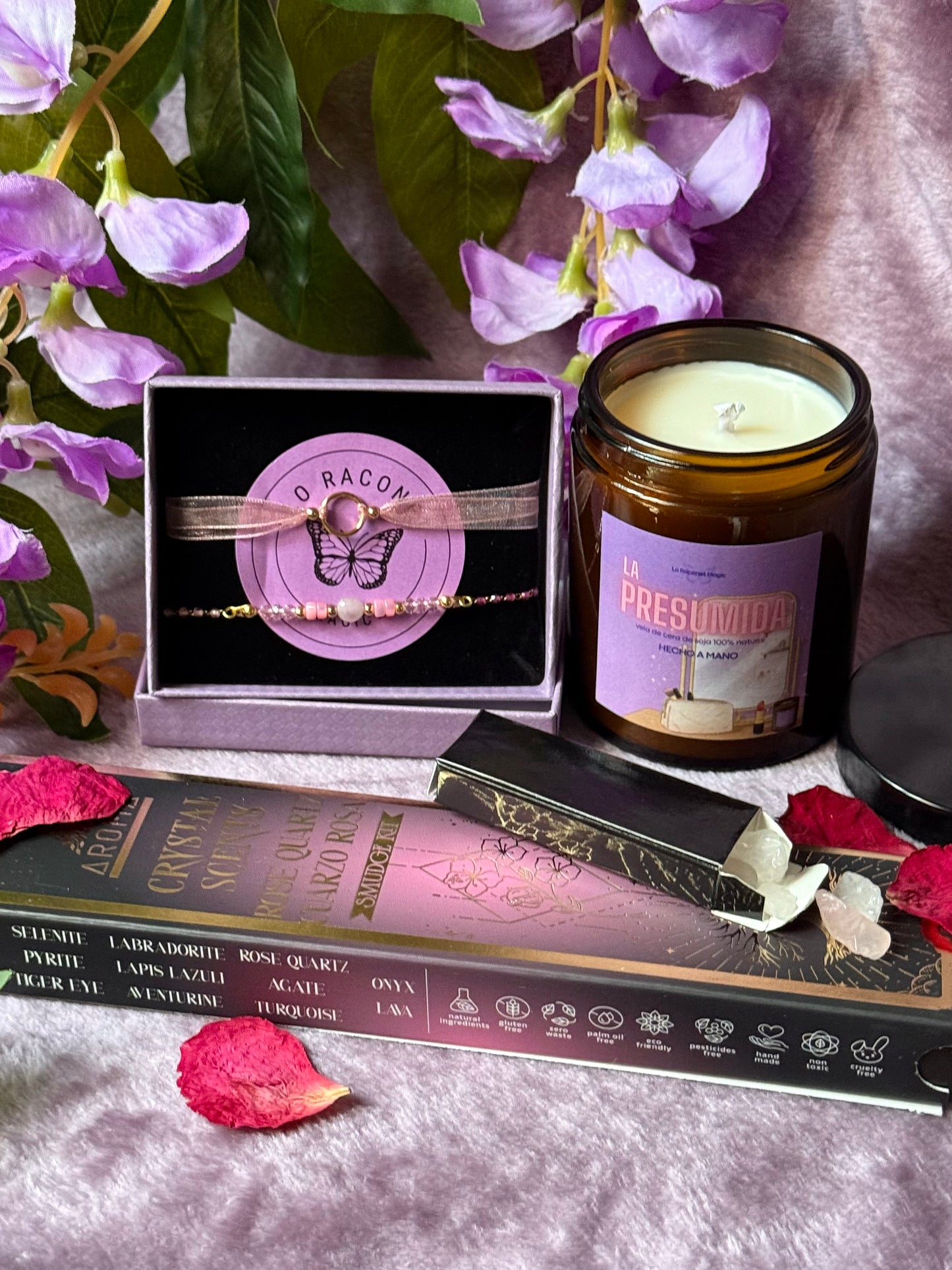 💎 Cofre Regalo Autocuidado - Vela La Presumida, Pulseras Artesanales y Incienso con Cuarzo Rosa