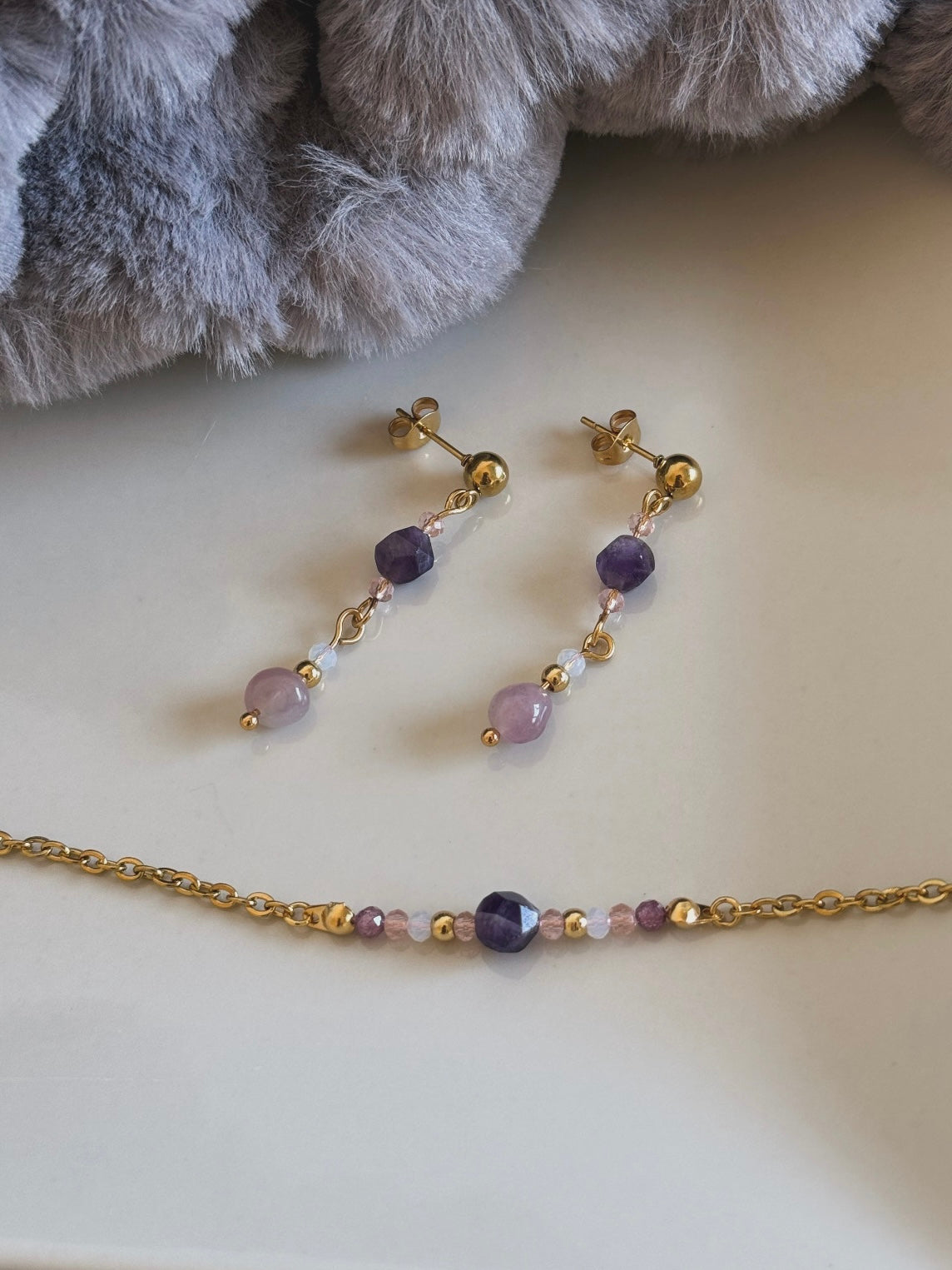 Pendientes Mireia con Cuarzo Rosa y Amatista