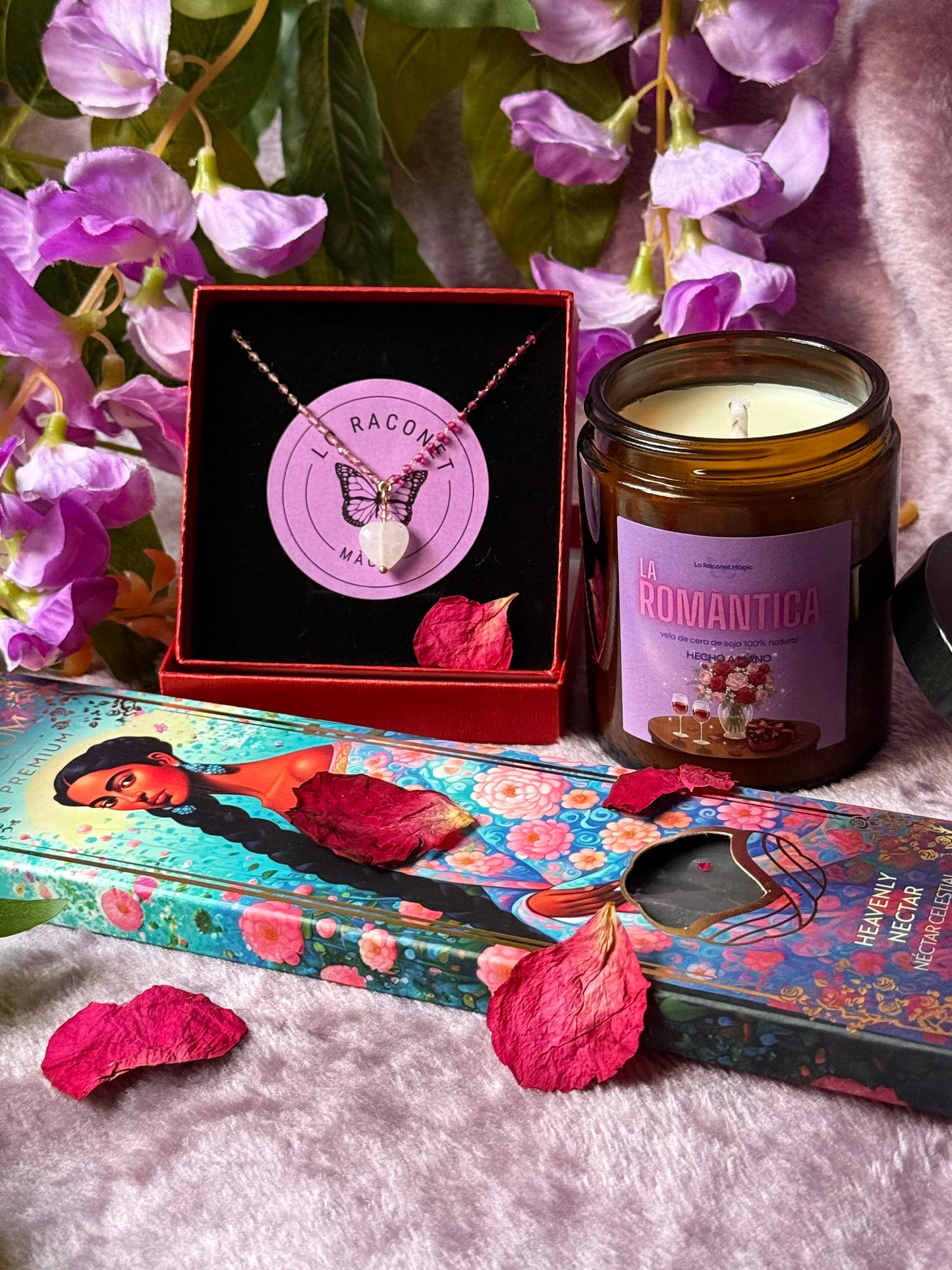 💝 Cofre Regalo Romántico - Vela Romàntica, Collar Cuarzo Rosa e Incienso Sagrada Madre