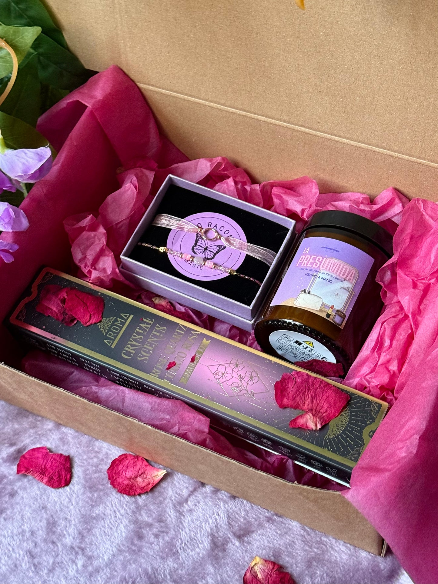 💎 Cofre Regalo Autocuidado - Vela La Presumida, Pulseras Artesanales y Incienso con Cuarzo Rosa