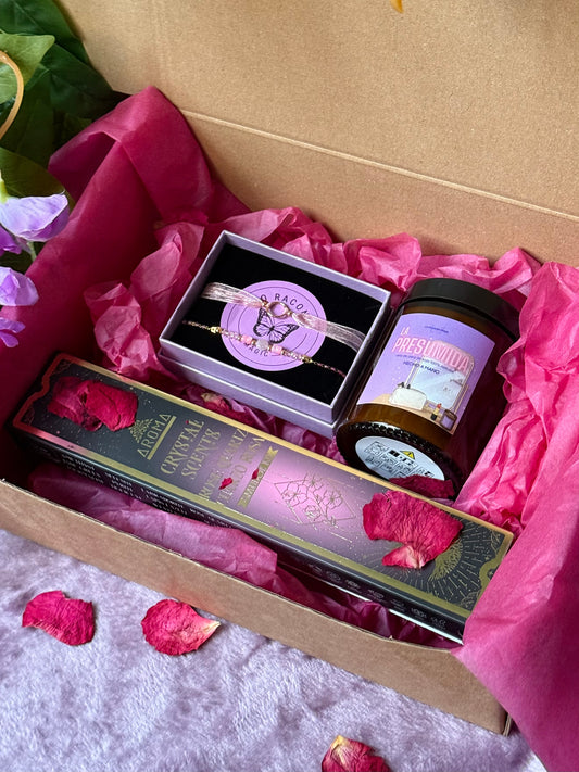 💎 Cofre Regalo Autocuidado - Vela La Presumida, Pulseras Artesanales y Incienso con Cuarzo Rosa