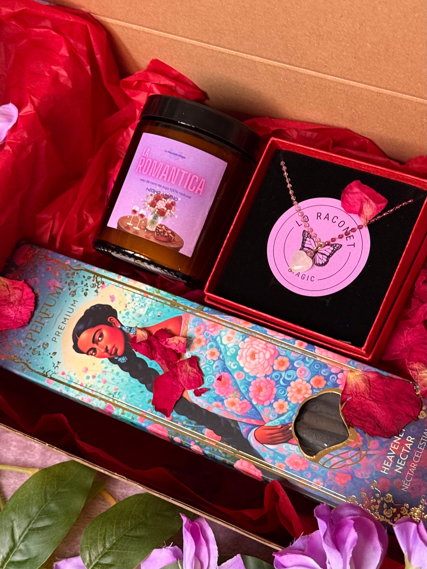 💝 Cofre Regalo Romántico - Vela Romàntica, Collar Cuarzo Rosa e Incienso Sagrada Madre